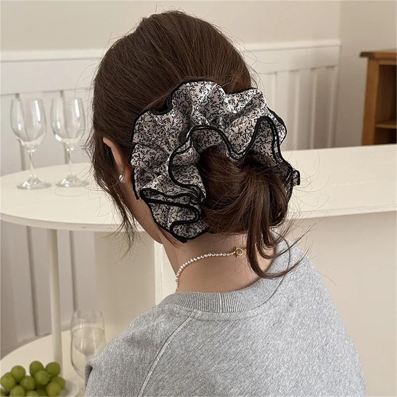 Hair Scrunchies French Style Retro Floral Scrunchies for Women Four-layers Large Size Head Flower Bun Hair Rope Trendy Hair Tie(Black) - Image 2