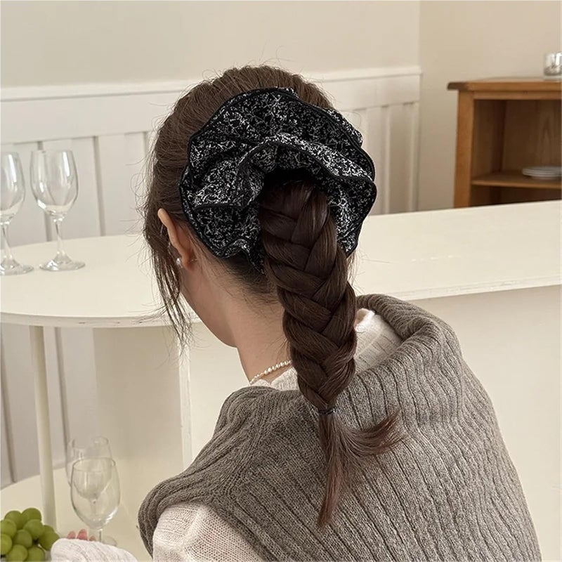 Hair Scrunchies French Style Retro Floral Scrunchies for Women Four-layers Large Size Head Flower Bun Hair Rope Trendy Hair Tie(Black) - Image 4