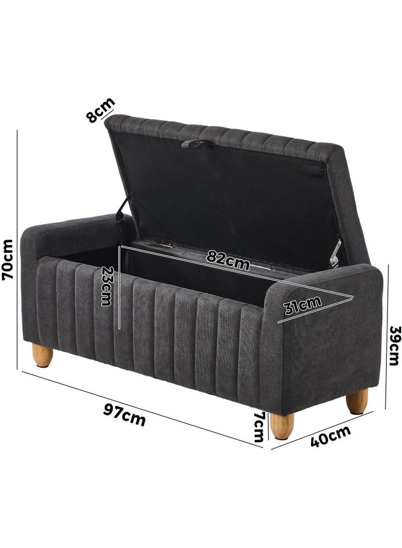 Teddy fabric footstool with storage unit, super soft seat, sturdy hinges, non-slip pads, wooden base, toy box, and blanket box for living room or bedroom, 97cm wide x 39cm long, gray. - Image 2