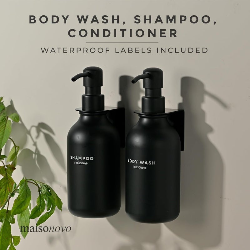 TEKCOOL Refillable Shampoo and Conditioner Dispenser Shower Soap Dispenser Wall Mounted Black Metal Organiser Plastic Bottles Black Pump Shampoo Dispenser, Shower Dispenser Chamber 500ML Bottle (2pc). - Image 3