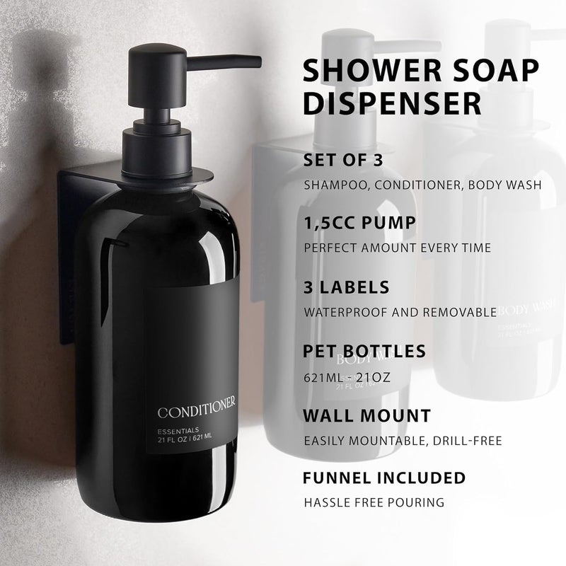 TEKCOOL Refillable Shampoo and Conditioner Dispenser Shower Soap Dispenser Wall Mounted Black Metal Organiser Plastic Bottles Black Pump Shampoo Dispenser, Shower Dispenser Chamber 500ML Bottle (2pc). - Image 5