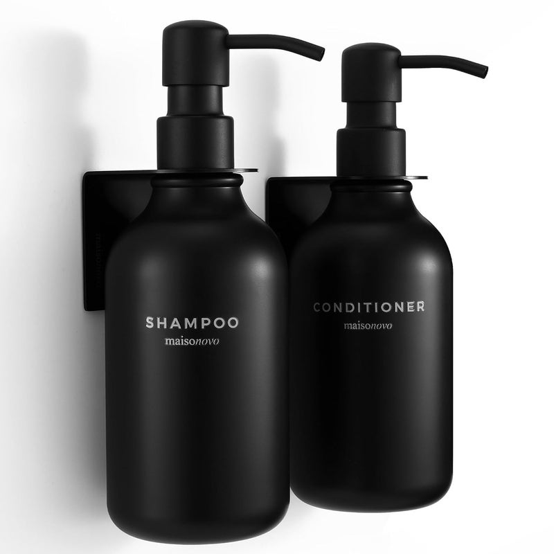 TEKCOOL Refillable Shampoo and Conditioner Dispenser Shower Soap Dispenser Wall Mounted Black Metal Organiser Plastic Bottles Black Pump Shampoo Dispenser, Shower Dispenser Chamber 500ML Bottle (2pc). - Image 1