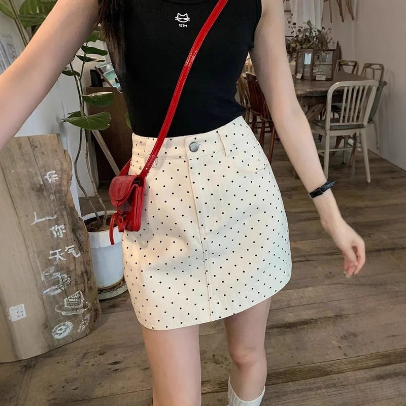 Women's White Polka Dot Denim Skirt, High Waist A-line Bodycon Mini Skirt - Image 1