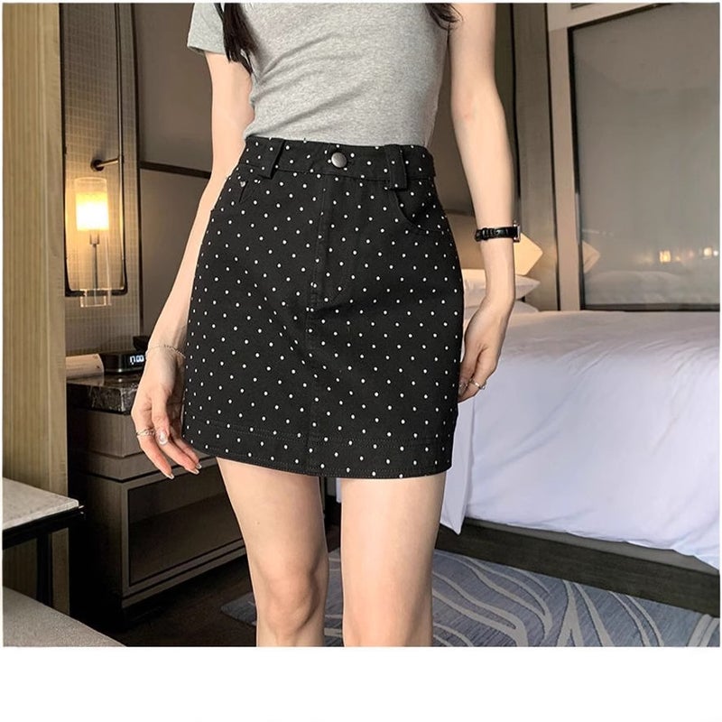 Women's White Polka Dot Denim Skirt, High Waist A-line Bodycon Mini Skirt - Image 5