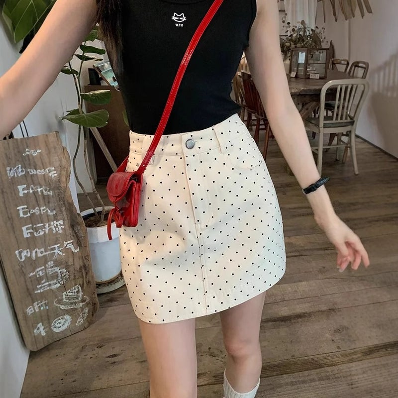Women's White Polka Dot Denim Skirt, High Waist A-line Bodycon Mini Skirt - Image 2