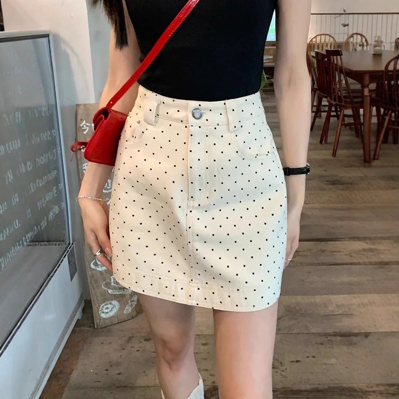 Women's White Polka Dot Denim Skirt, High Waist A-line Bodycon Mini Skirt - Image 3