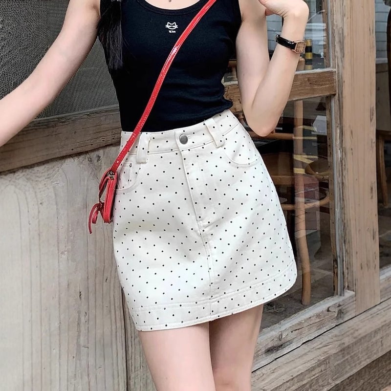 Women's White Polka Dot Denim Skirt, High Waist A-line Bodycon Mini Skirt - Image 4