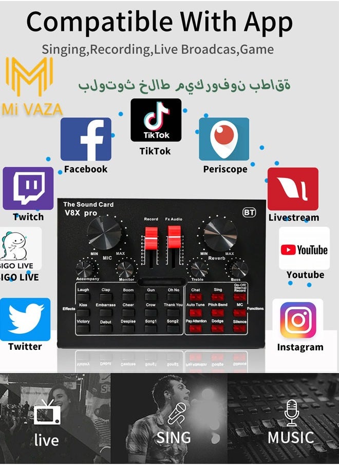 V8X Pro-Live Sound Card, USB External V8X Pro Karaoke Recording Mobile Audio Mixer, Audio Live Broadcast KTV Sound Card for Live Broadcast, K Songs, Recording, Voice Chatting