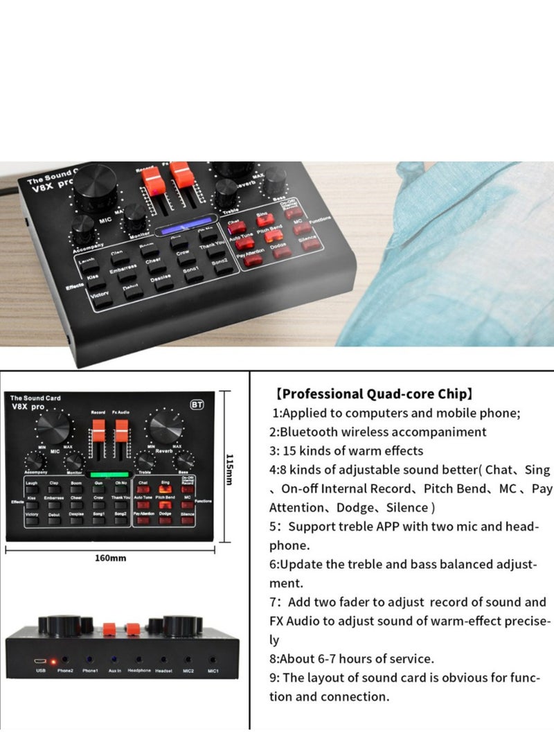 V8X Pro-Live Sound Card, USB External V8X Pro Karaoke Recording Mobile Audio Mixer, Audio Live Broadcast KTV Sound Card for Live Broadcast, K Songs, Recording, Voice Chatting