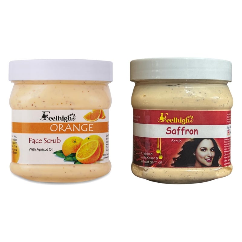 FEELHIGH Face and Body Orange Scrub Enriched with apricot Oil 500ml and SaffronScrub Enriched WIth kesar  wheat Germ Oil 500ml For Man and Woman Pack 2 - Image 1