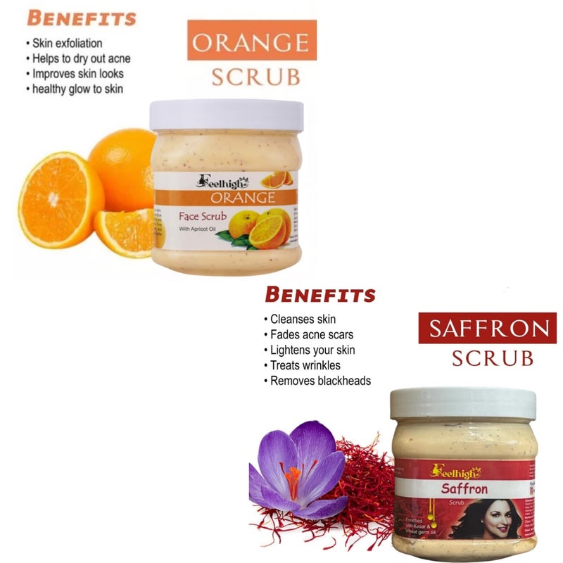 FEELHIGH Face and Body Orange Scrub Enriched with apricot Oil 500ml and SaffronScrub Enriched WIth kesar  wheat Germ Oil 500ml For Man and Woman Pack 2 - Image 2