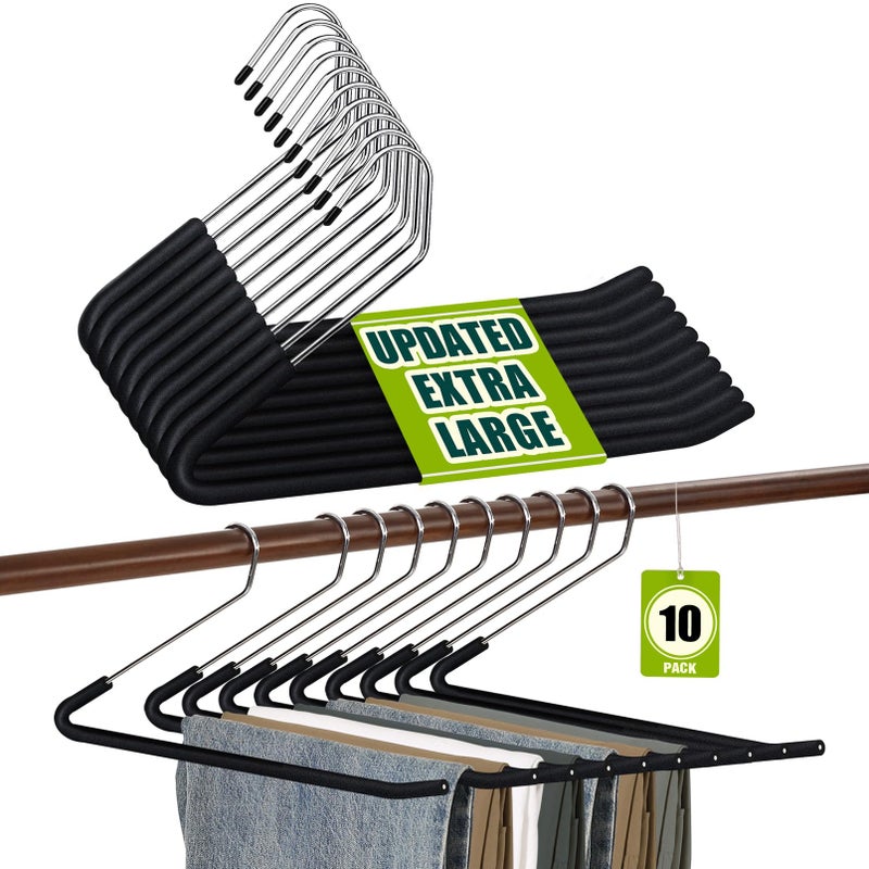 Spring Fever Open Ended Non Slip Sponge Padded Pants Hangers - Chrome Plating Foam Heavy Duty Space Saving Black Long 10 - Image 1