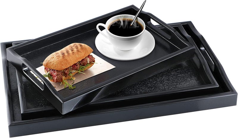 MDLUU Economical varied design options Set of 3 Plastic Serving Tray, Ottoman Tray with Cutout Handles, Rectangle Butler Tray for Breakfast in Bed, Coffee Table, Kitchen Countertop (Black) Economical varied sizing picks - Image 2