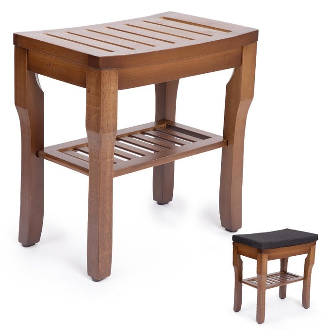 BAMBOO SHOWER BENCH SEAT WITH CUSHION SHOWER STOOL WITH STORAGE SHELF LIGHTWEIGHT NONSLIP QUICKDRAIN DESIGN 350 LBS CAPACITY IDEAL FOR BATHROOM SPA SAUNA LIVING ROOM