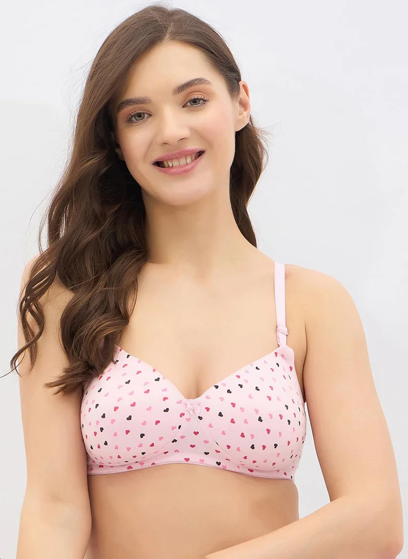 كلوفيا Clovia Padded Non-Wired Full Coverage Heart Print Multiway T-shirt Bra in Light Pink - Cotton