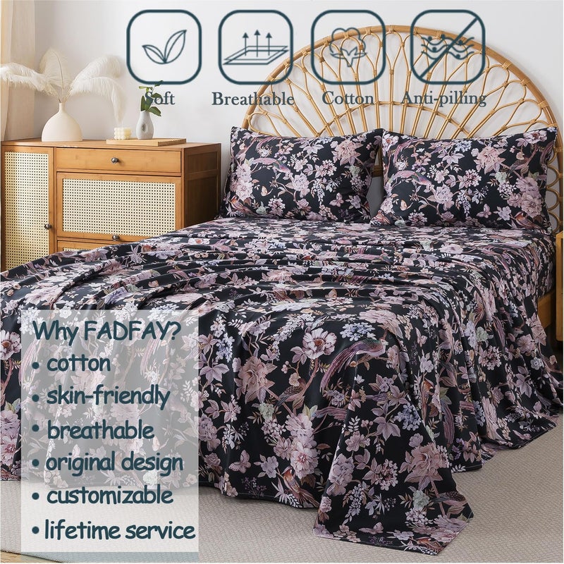 FADFAY Queen Sheet Set,4-Piece Long-Staple Cotton, Vintage Black Floral & Bird Print Bedding, Deep Pocket Fitted Sheet, Soft & Breathable for All Seasons - Image 5