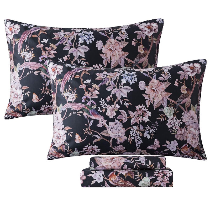 FADFAY Queen Sheet Set,4-Piece Long-Staple Cotton, Vintage Black Floral & Bird Print Bedding, Deep Pocket Fitted Sheet, Soft & Breathable for All Seasons - Image 1