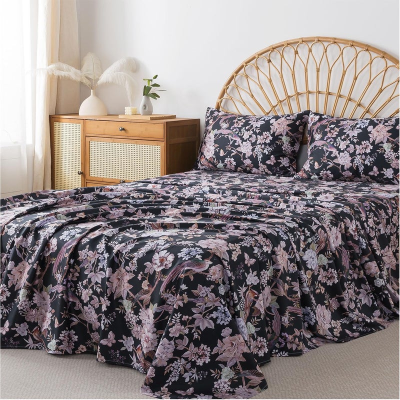 FADFAY Queen Sheet Set,4-Piece Long-Staple Cotton, Vintage Black Floral & Bird Print Bedding, Deep Pocket Fitted Sheet, Soft & Breathable for All Seasons - Image 2
