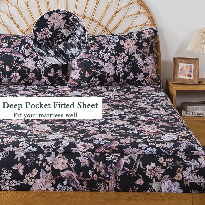 FADFAY Queen Sheet Set,4-Piece Long-Staple Cotton, Vintage Black Floral & Bird Print Bedding, Deep Pocket Fitted Sheet, Soft & Breathable for All Seasons - Image 4