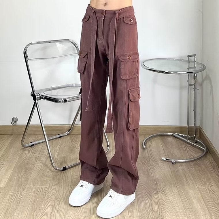 Generic - American Retro Hiphop Work Pants Loose Straight Leg Multi Pocket High Street Design Men Women Casual Trousers Fashion Brand Brown - Image 1