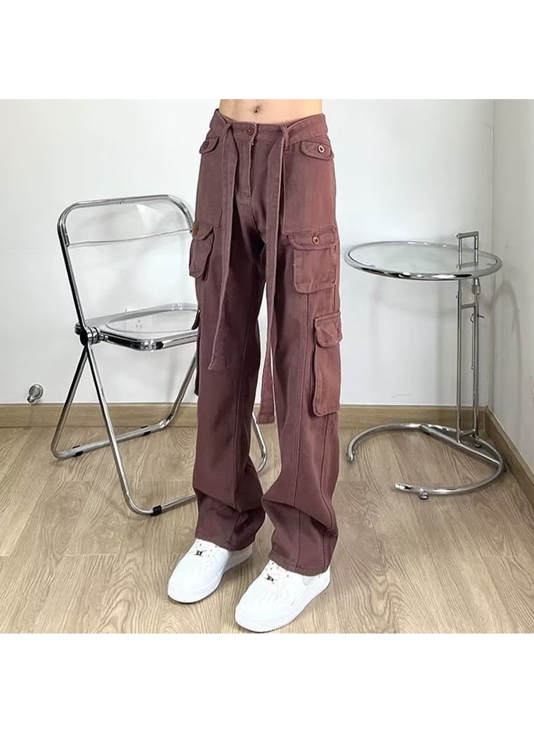 Generic - American Retro Hiphop Work Pants Loose Straight Leg Multi Pocket High Street Design Men Women Casual Trousers Fashion Brand Brown - Image 1