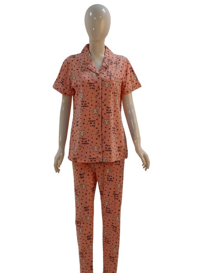JOANNA JOANNA Women's Stars Design Button Down Short Sleeve Shirt & Long Pants Pajama Set, Pink - Image 1