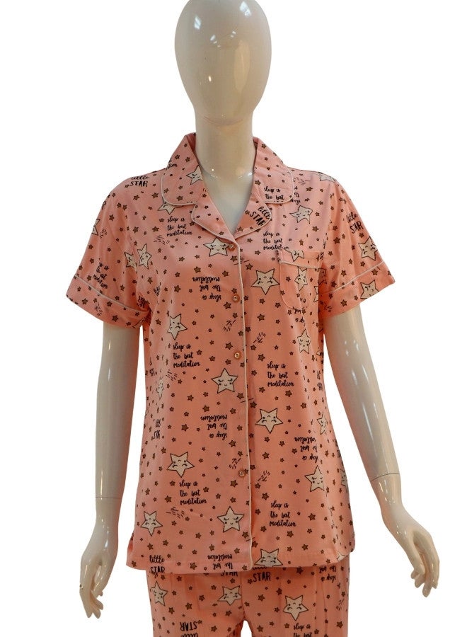 JOANNA JOANNA Women's Stars Design Button Down Short Sleeve Shirt & Long Pants Pajama Set, Pink - Image 2