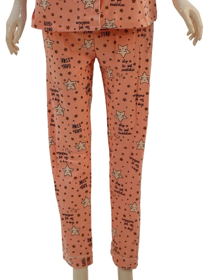 JOANNA JOANNA Women's Stars Design Button Down Short Sleeve Shirt & Long Pants Pajama Set, Pink - Image 3