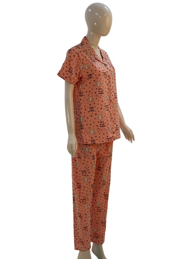 JOANNA JOANNA Women's Stars Design Button Down Short Sleeve Shirt & Long Pants Pajama Set, Pink - Image 4