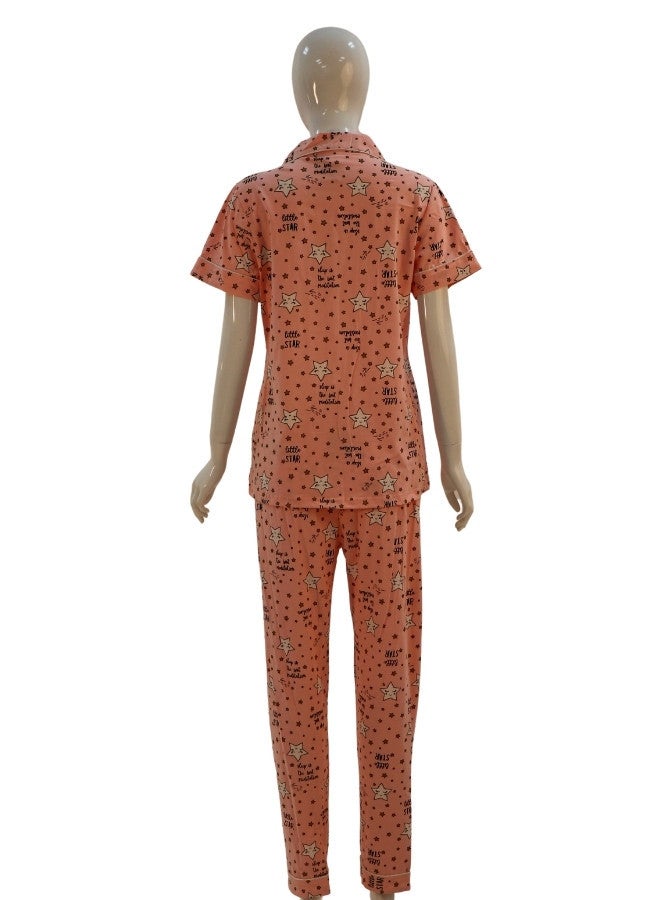 JOANNA JOANNA Women's Stars Design Button Down Short Sleeve Shirt & Long Pants Pajama Set, Pink - Image 5