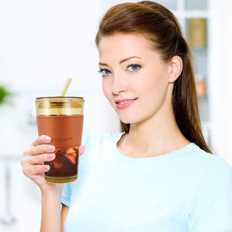 KELVEE أكواب قهوة زجاجية مع مصاصة وغطاء سعة 450 مل، كوب شاي مثلج زجاجي مع غلاف جلد، عبوة من 1، مقاوم للتسرب، قابل لإعادة الاستخدام، كوب مشروبات (بني) - Image 2