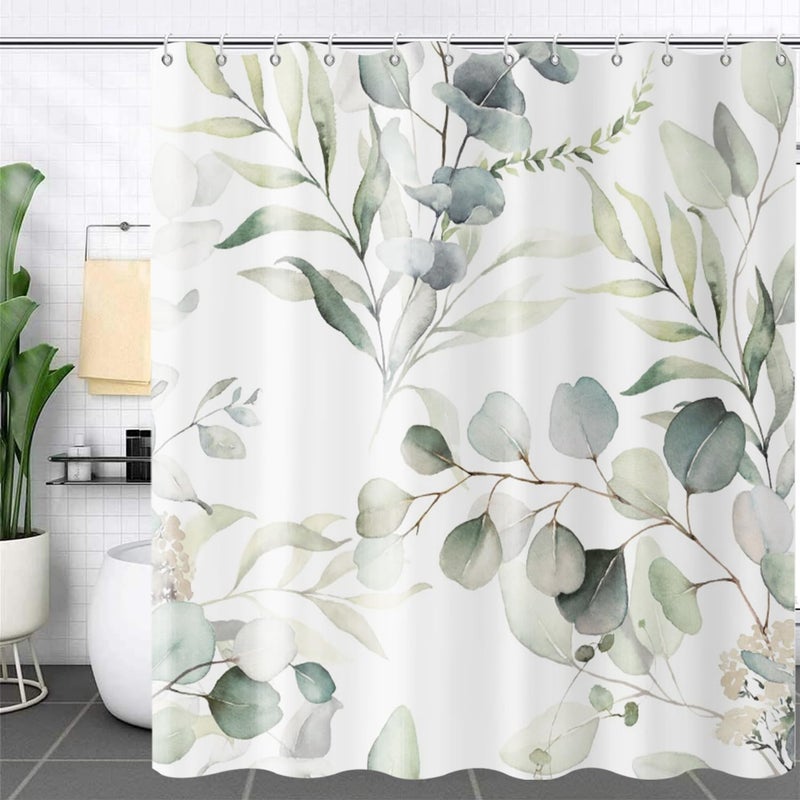 GCIREC Eucalyptus Leaf Shower Curtains, Sage Green Spring Botanical Watercolor Plants Bathroom Curtains Bathtub Home Decor Waterproof Fabric Machine Washable with 12 PCS Hooks - Image 2