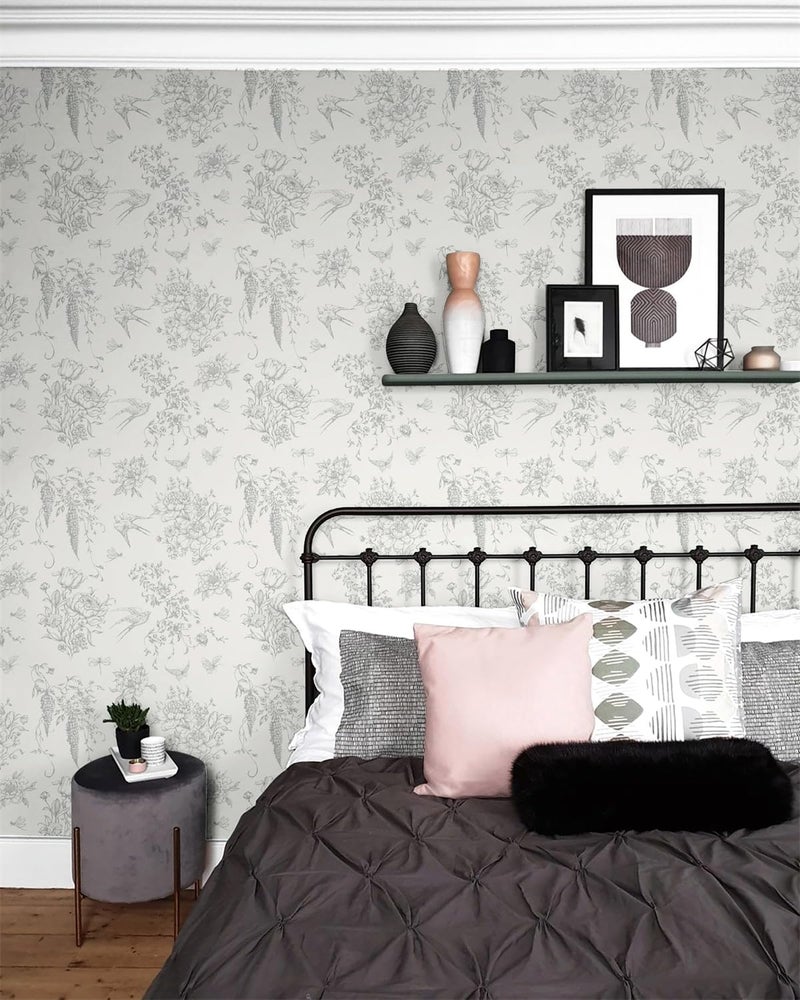 Froluya Cream White and Gray Peel and Stick Wallpaper Vintage Floral Contact Paper 16.9"x118.1" Floral Birds Self Adhesive Removable Wallpaper Grey Flowers Decorative Wall Paper for Bathroom Cabinets - Image 2
