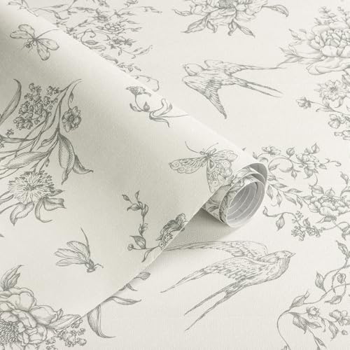 Froluya Cream White and Gray Peel and Stick Wallpaper Vintage Floral Contact Paper 16.9"x118.1" Floral Birds Self Adhesive Removable Wallpaper Grey Flowers Decorative Wall Paper for Bathroom Cabinets - Image 1