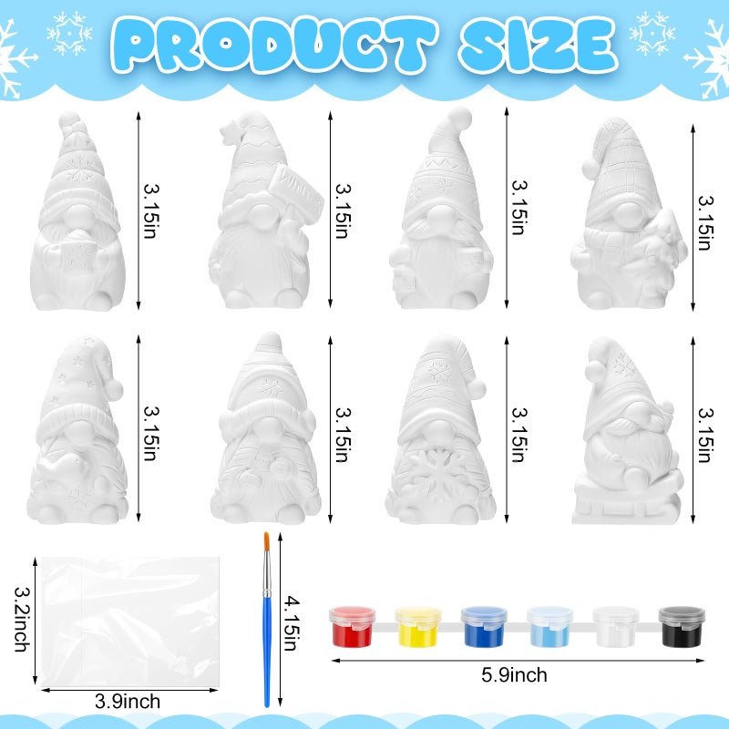PullCrease 8 Pcs Winter Gnome Ceramics to Paint Ready to Your Own Ceramic Statues DIY Unpainted Paintable Figurines Kit Crafts with Brush Palette for Boys Girls - Image 3