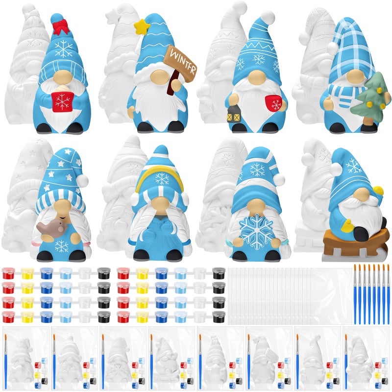 PullCrease 8 Pcs Winter Gnome Ceramics to Paint Ready to Your Own Ceramic Statues DIY Unpainted Paintable Figurines Kit Crafts with Brush Palette for Boys Girls - Image 1