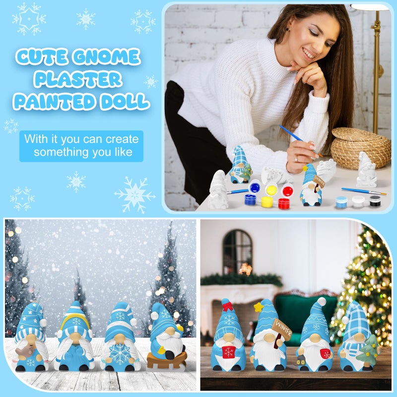 PullCrease 8 Pcs Winter Gnome Ceramics to Paint Ready to Your Own Ceramic Statues DIY Unpainted Paintable Figurines Kit Crafts with Brush Palette for Boys Girls - Image 4