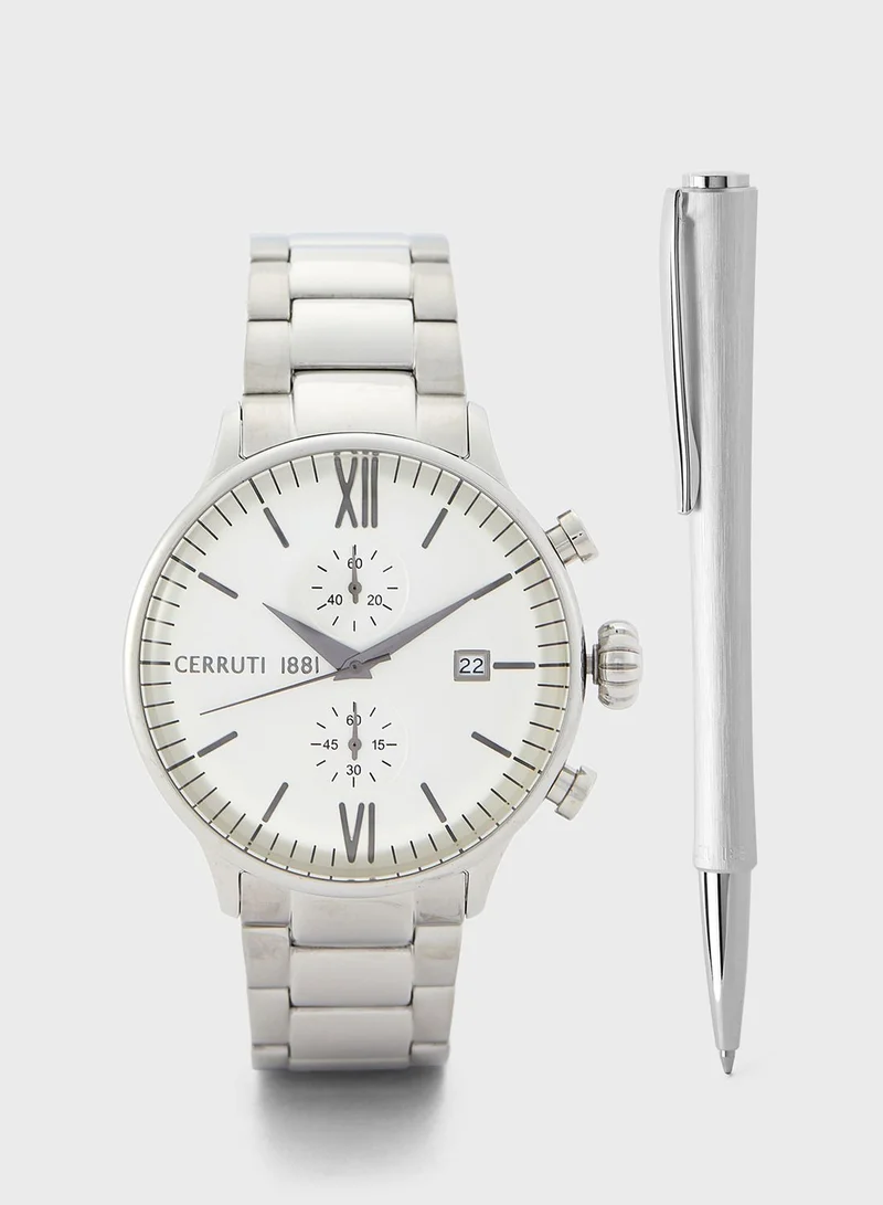 CERRUTI 1881 Steel Strap Analog Watch+Pen Set