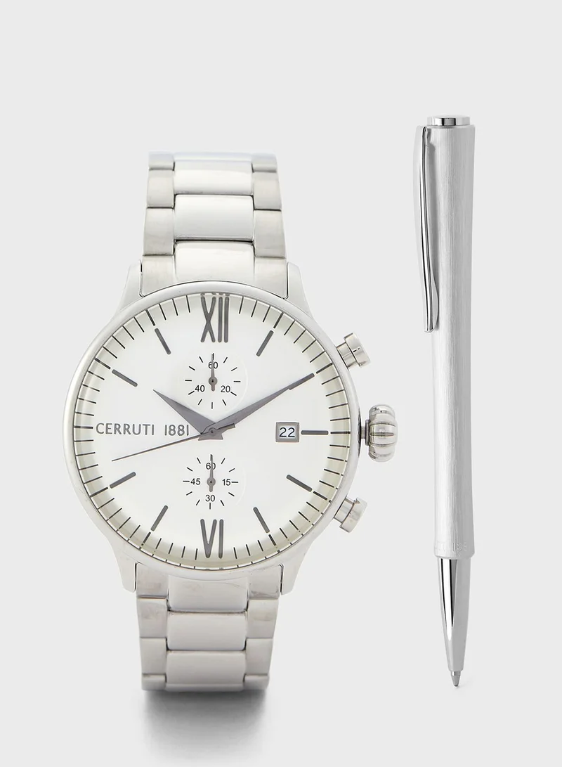 CERRUTI 1881 Steel Strap Analog Watch+Pen Set