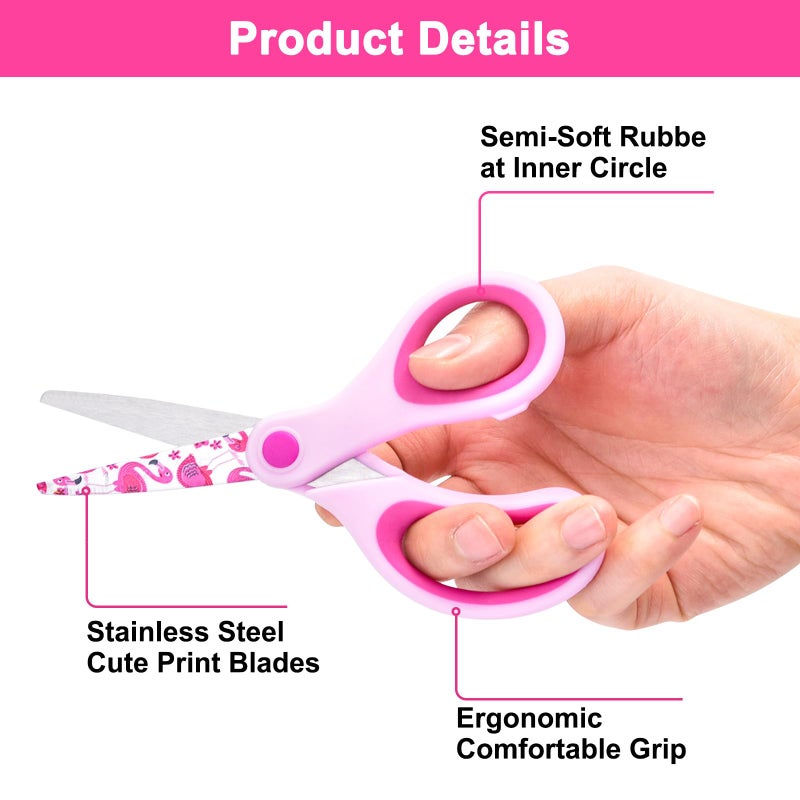 Zicolu 5"" Kids Safety Scissors 3 Pack  Blunt-Tip Stainless Steel Blades (Print Design) & Ergonomic Comfort Handles  For Toddlers  Children  Small School Students  Craft Cutting Paper  Assorted Colors - Image 4