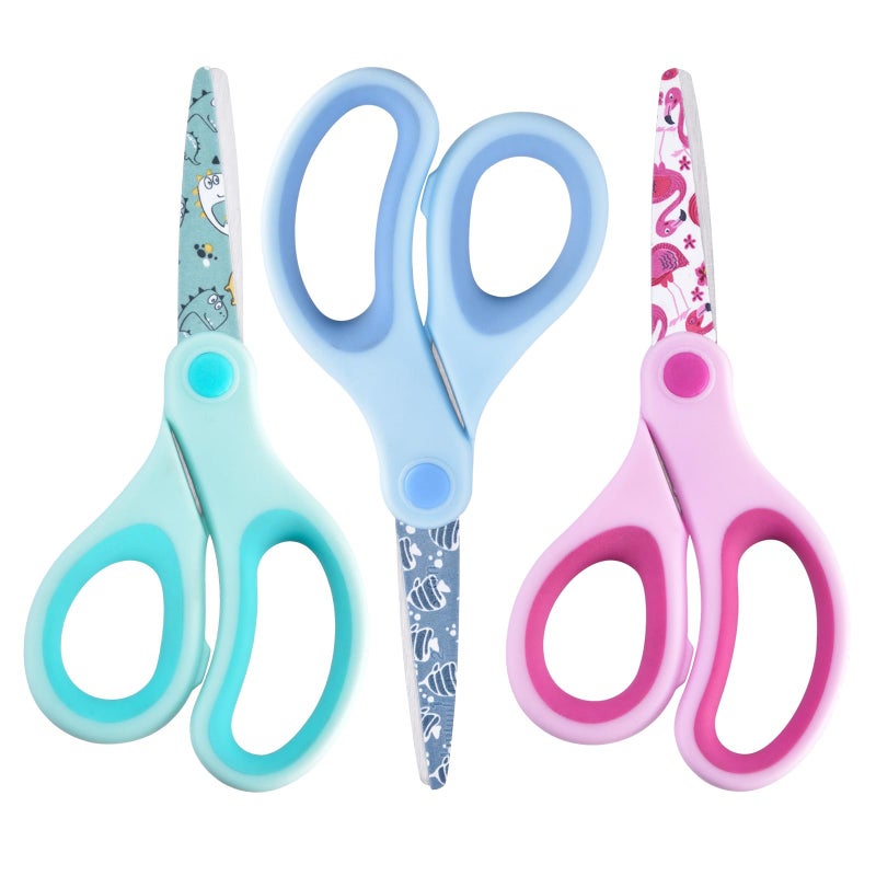 Zicolu 5"" Kids Safety Scissors 3 Pack  Blunt-Tip Stainless Steel Blades (Print Design) & Ergonomic Comfort Handles  For Toddlers  Children  Small School Students  Craft Cutting Paper  Assorted Colors - Image 1