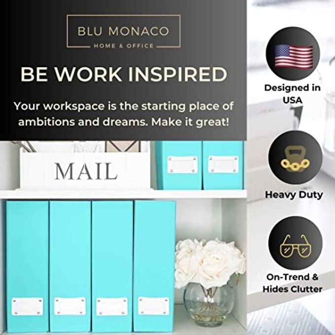 Blu Monaco Set of 6 Aqua Magazine File Holders | Foldable Magazine Storage Boxes with White Leather Label Holders | Vertical File Organizer for Desk, Shelves & Home Office - Image 5