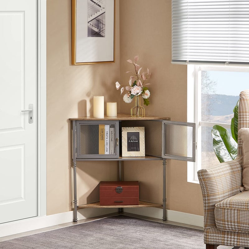 VECELO Corner Cabinet/Table, 3-Tier Display Shelves with Protection Door, Metal Frame Storage Shelf Organizer for Small Space, Living Room, Kitchen, Bathroom - Image 3
