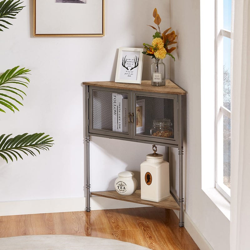 VECELO Corner Cabinet/Table, 3-Tier Display Shelves with Protection Door, Metal Frame Storage Shelf Organizer for Small Space, Living Room, Kitchen, Bathroom - Image 4