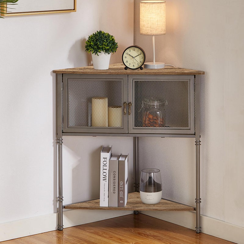 VECELO Corner Cabinet/Table, 3-Tier Display Shelves with Protection Door, Metal Frame Storage Shelf Organizer for Small Space, Living Room, Kitchen, Bathroom - Image 1