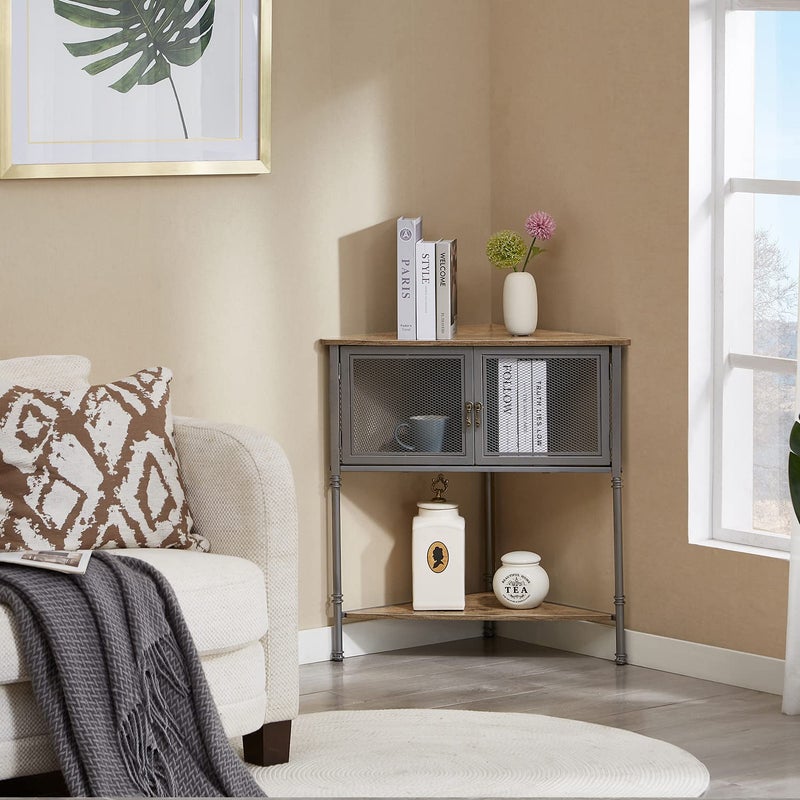 VECELO Corner Cabinet/Table, 3-Tier Display Shelves with Protection Door, Metal Frame Storage Shelf Organizer for Small Space, Living Room, Kitchen, Bathroom - Image 5