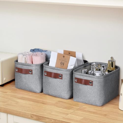 Kntiwiwo Small Fabric Storage Bins, 7.8x6.7x5.9 inch Mini Storage Cubes 4-Pack Storage Basket for Makeup Collapsible Fabric Storage Organizer with Handles, Decorative Basket for Desk, Shelves, Grey - Image 5