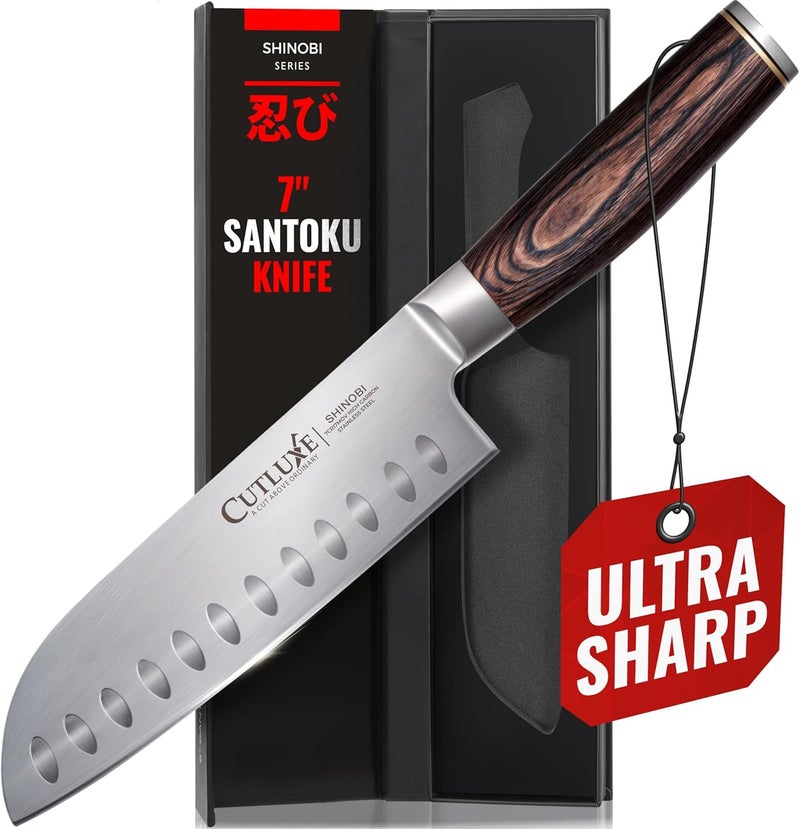Cutluxe Santoku Knife – Ultra Sharp 7 Inch Meat and Vegetable Japanese Knife for Chopping, High Carbon Stainless Steel Blade, Full Tang Pakkawood Handle – Shinobi Series - Image 1