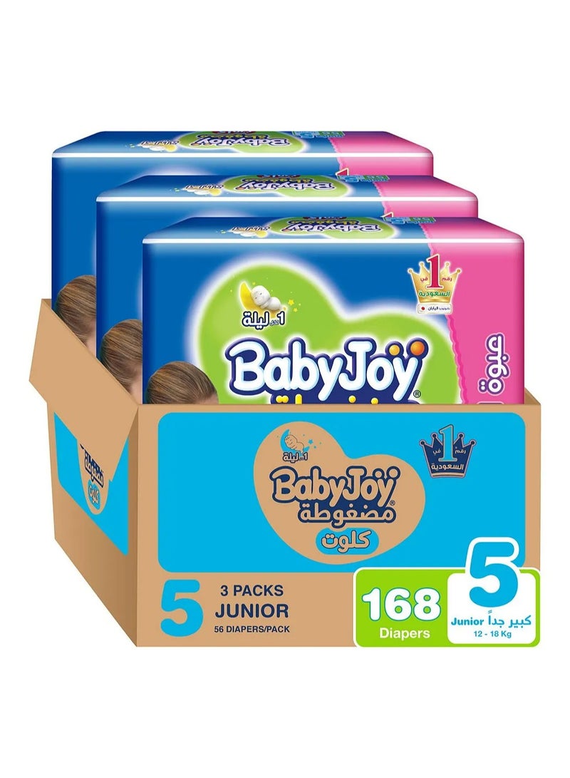 Baby Joy BabyJoy Compressed Culotte Pant Style Diapers, 168 Pieces, Size 5 Junior, 12-18kg, 12 Hours Leakproof Protection, Soft Cotton Touch, Wide Barriers