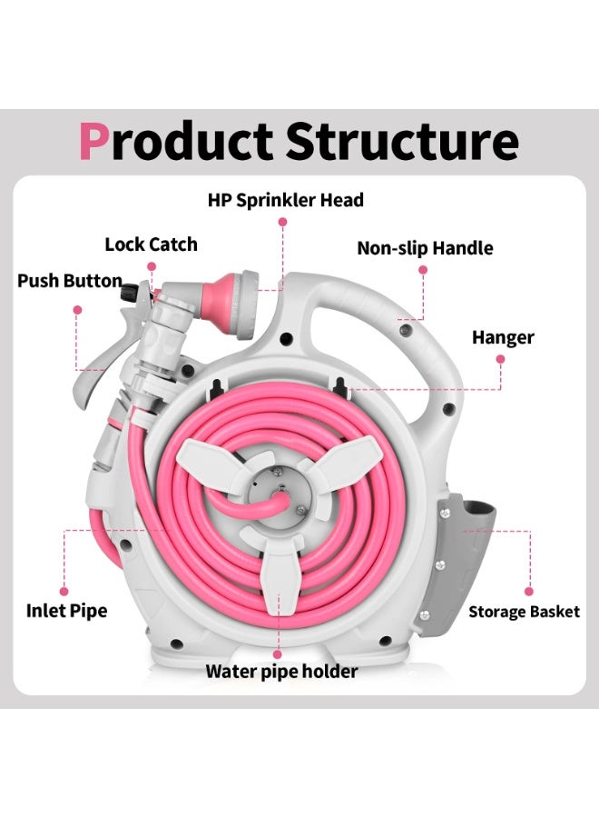 XiuWoo Mini Retractable Garden Hose Reel, Portable Simple Home 14m Hose Reel with 7 Adjustable Patterns Spray Nozzle Standard Connector, Watering Hose Reel for Gardens Yards and lawns Pink - Image 4